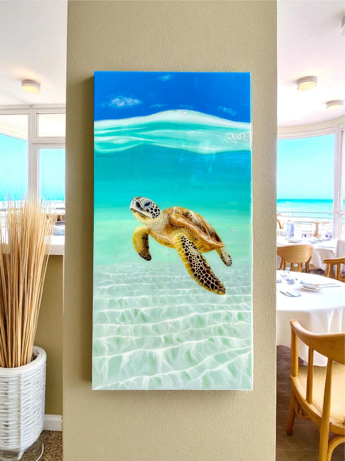 Large Sea Turtle Resin Painting: Coastal Ocean Art with Rope Frame (120x60cm), Ready to Ship