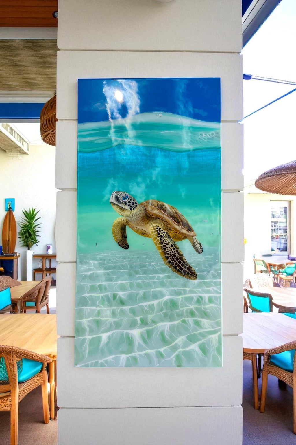 Large Sea Turtle Resin Painting: Coastal Ocean Art with Rope Frame (120x60cm), Ready to Ship