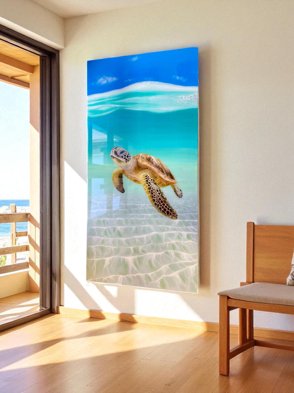 Large Sea Turtle Resin Painting: Coastal Ocean Art with Rope Frame (120x60cm), Ready to Ship