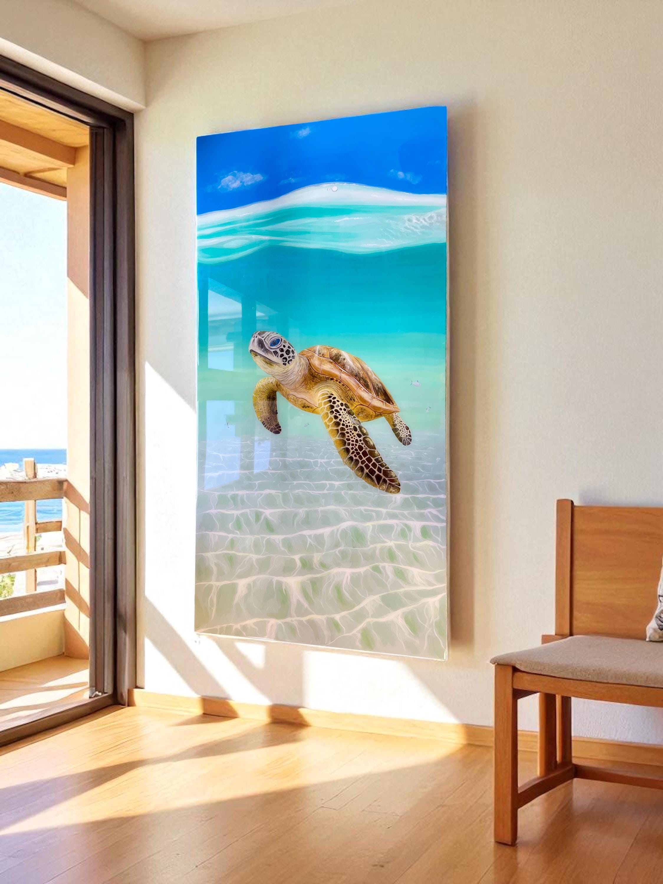 Large Sea Turtle Resin Painting: Coastal Ocean Art with Rope Frame (120x60cm), Ready to Ship