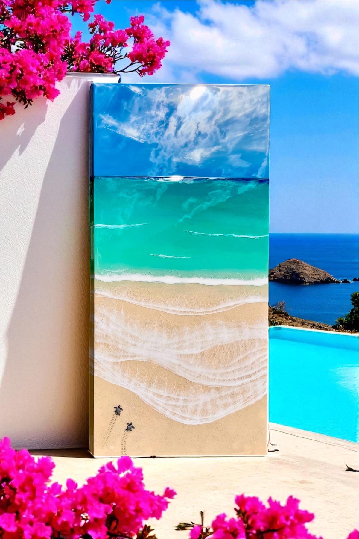 Ready to Ship Original Ocean Artwork, Sea Turtle Hatchlings Resin Painting: Coastal Ocean Art (120x60cm)