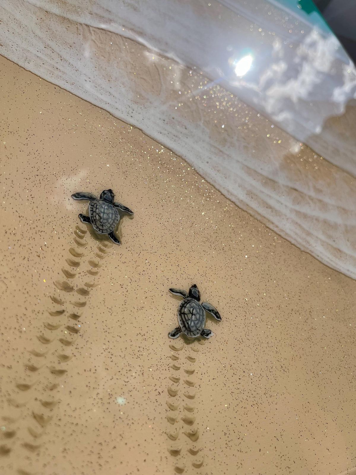 Ready to Ship Original Ocean Artwork, Sea Turtle Hatchlings Resin Painting: Coastal Ocean Art (120x60cm)