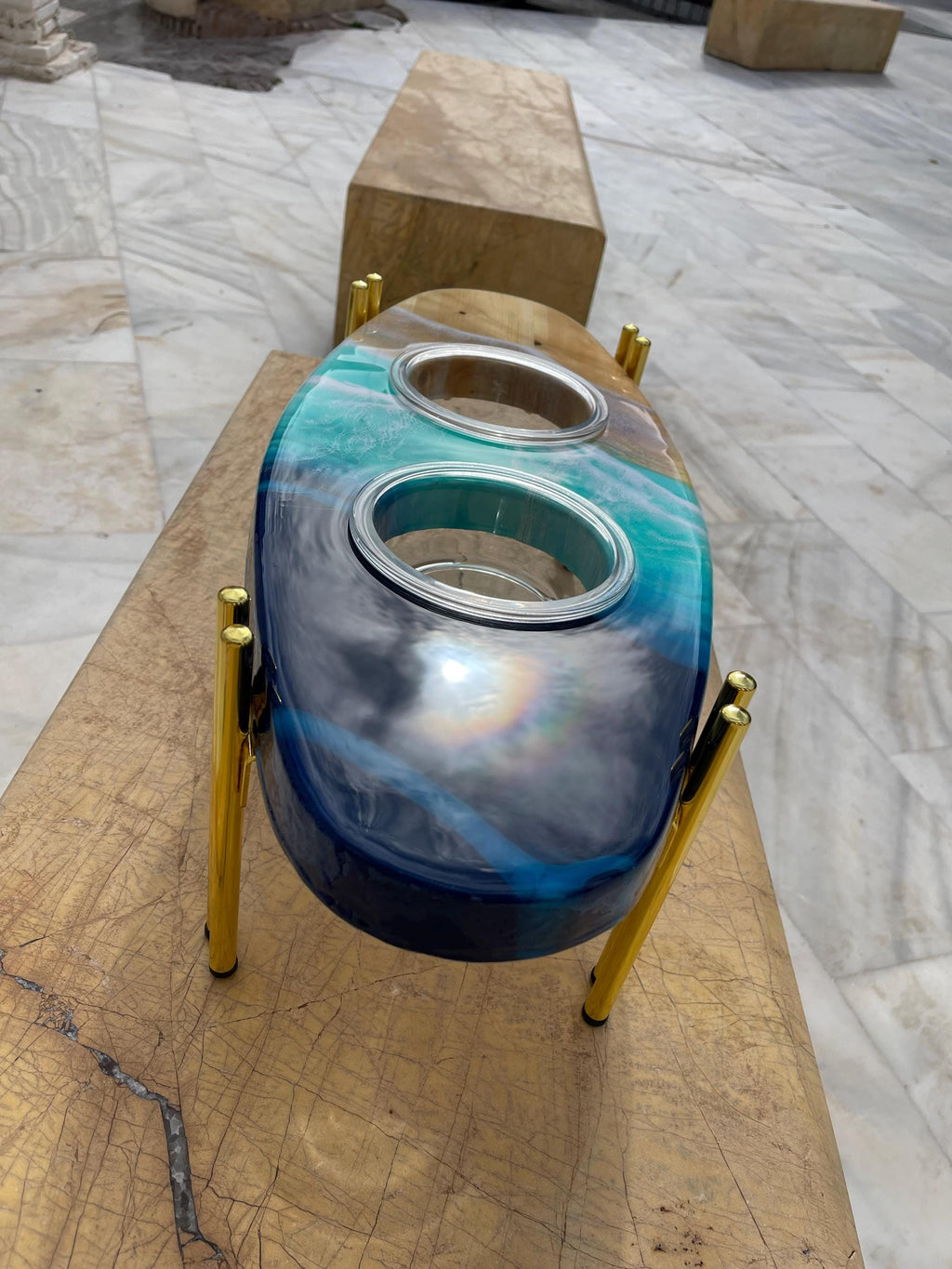 Handmade Surfboard Dog Feeder | Ocean Wave Resin Art, Coastal Pet Bowl Stand