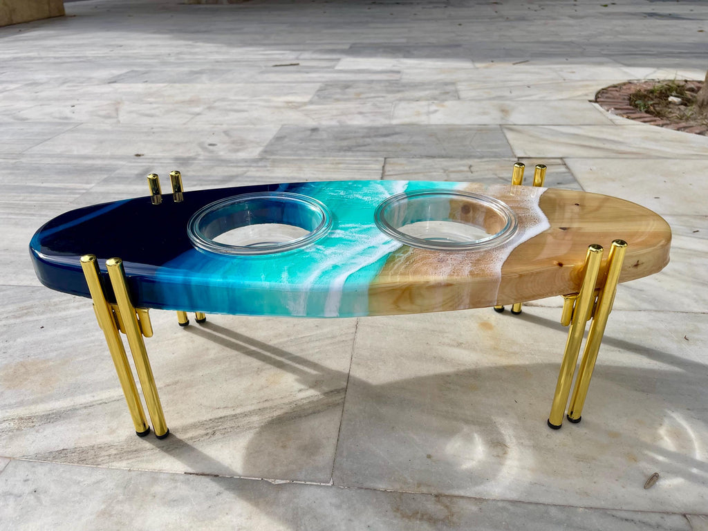 Handmade Surfboard Dog Feeder | Ocean Wave Resin Art, Coastal Pet Bowl Stand