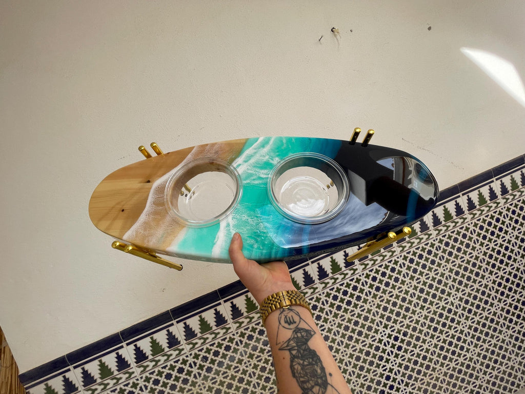 Handmade Surfboard Dog Feeder | Ocean Wave Resin Art, Coastal Pet Bowl Stand