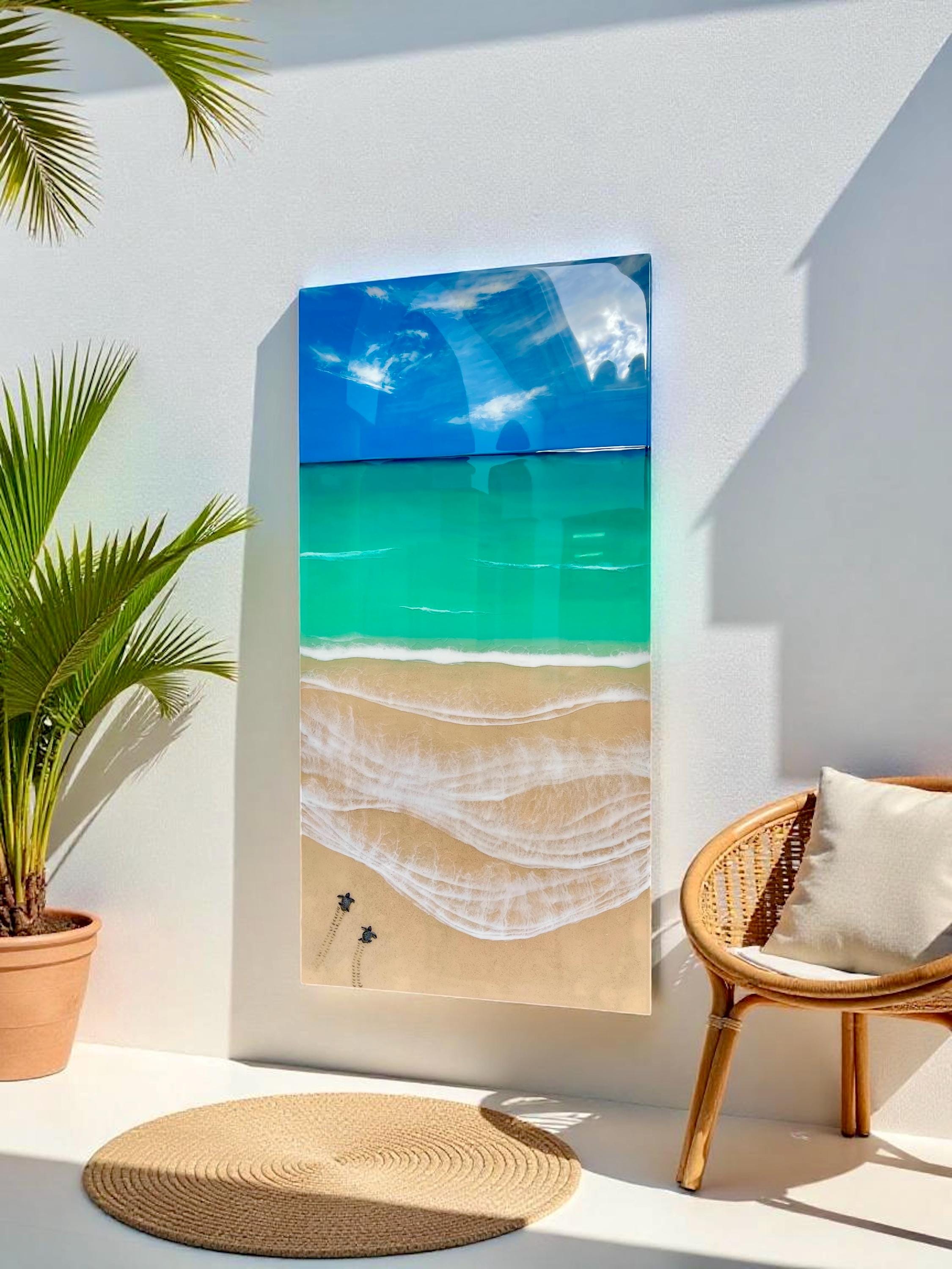 Ready to Ship Original Ocean Artwork, Sea Turtle Hatchlings Resin Painting: Coastal Ocean Art (120x60cm)