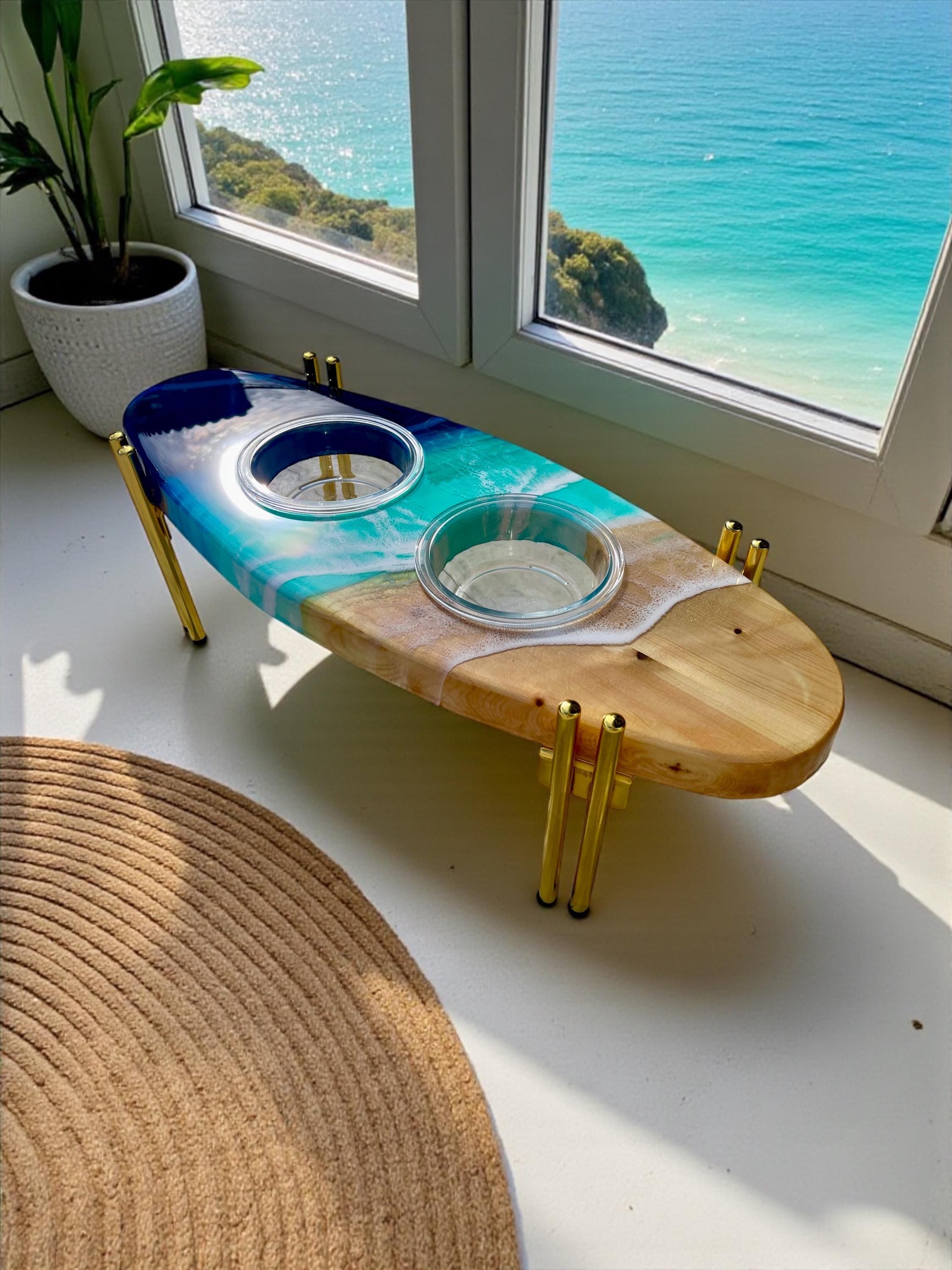 Handmade Surfboard Dog Feeder | Ocean Wave Resin Art, Coastal Pet Bowl Stand