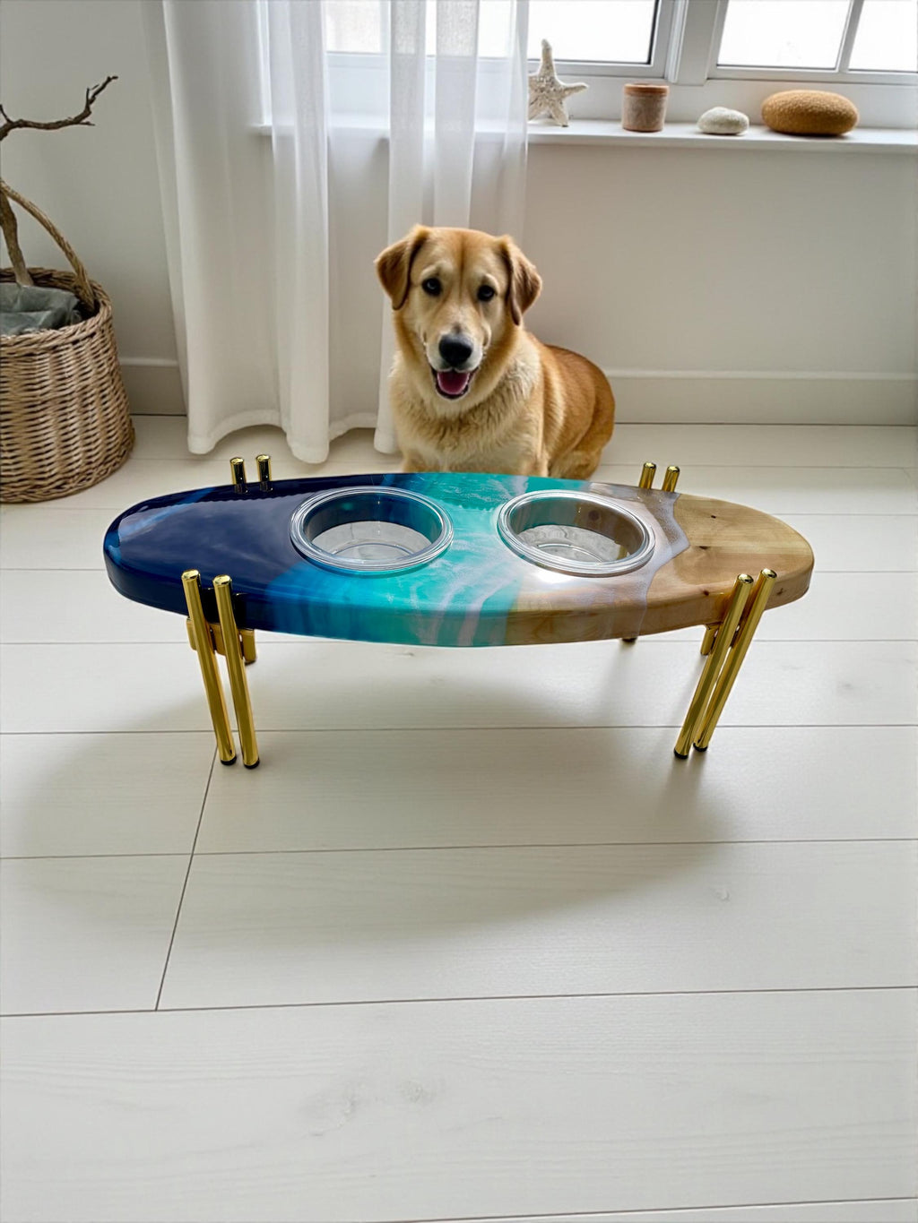 Handmade Surfboard Dog Feeder | Ocean Wave Resin Art, Coastal Pet Bowl Stand