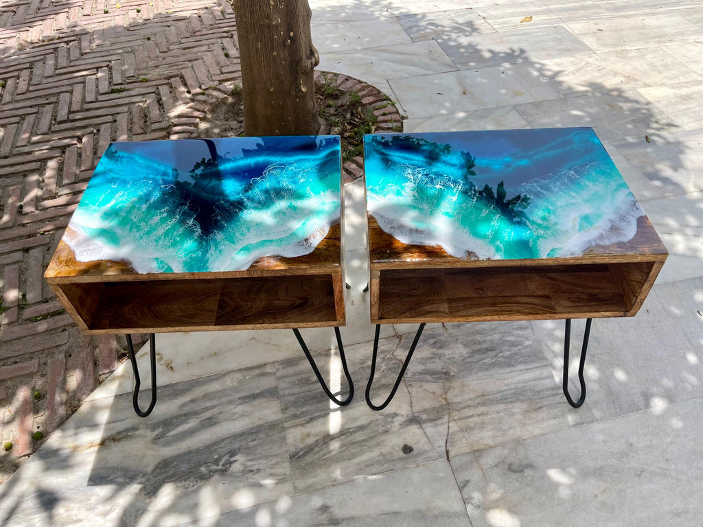 Set of 2 Handmade Ocean Resin Side Tables: Coastal Beach House Decor