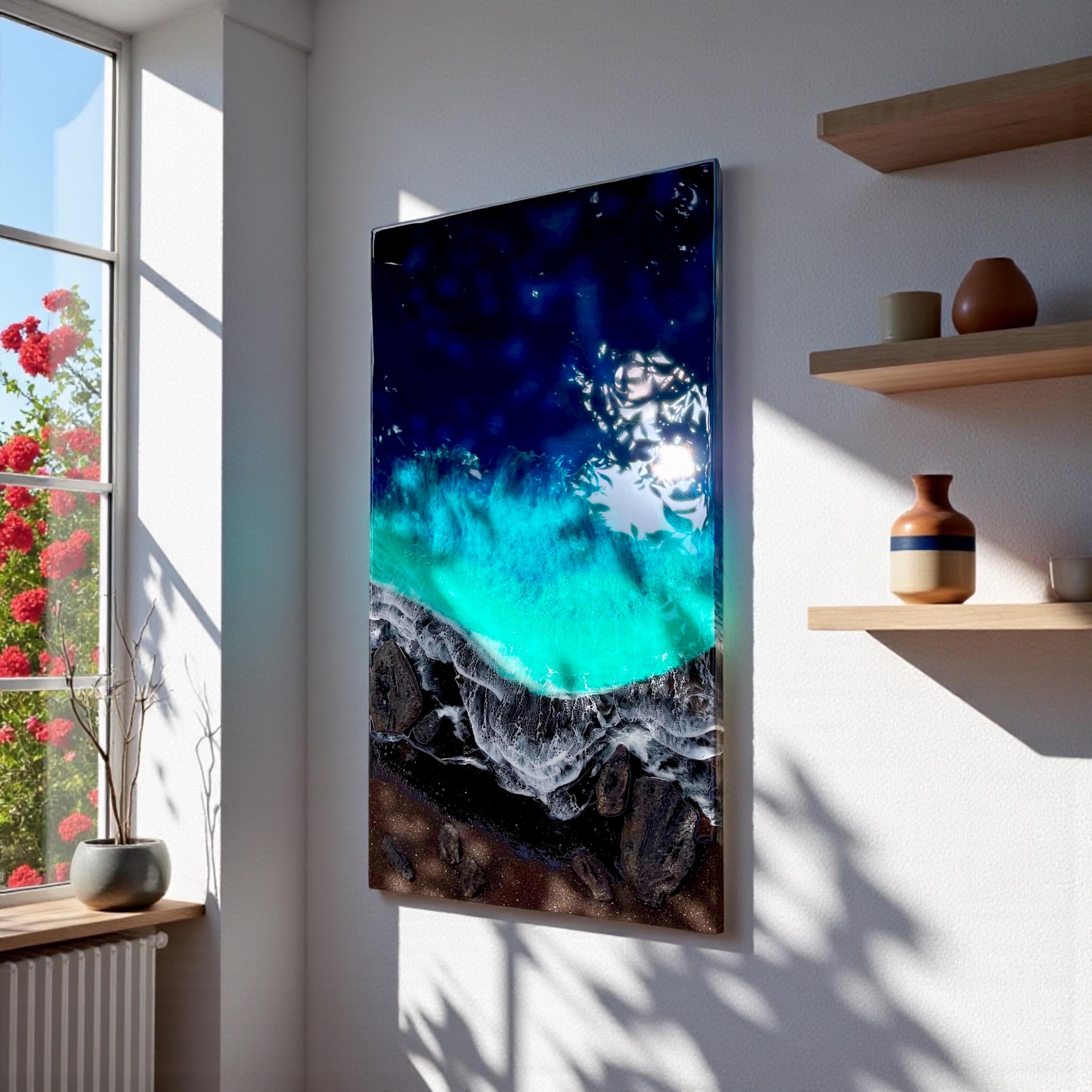 Large Black Sand Ocean Resin Art – Dramatic Wave Wall Art – Modern Coastal Painting – Textured Epoxy Ocean Artwork – Large Statement Art
