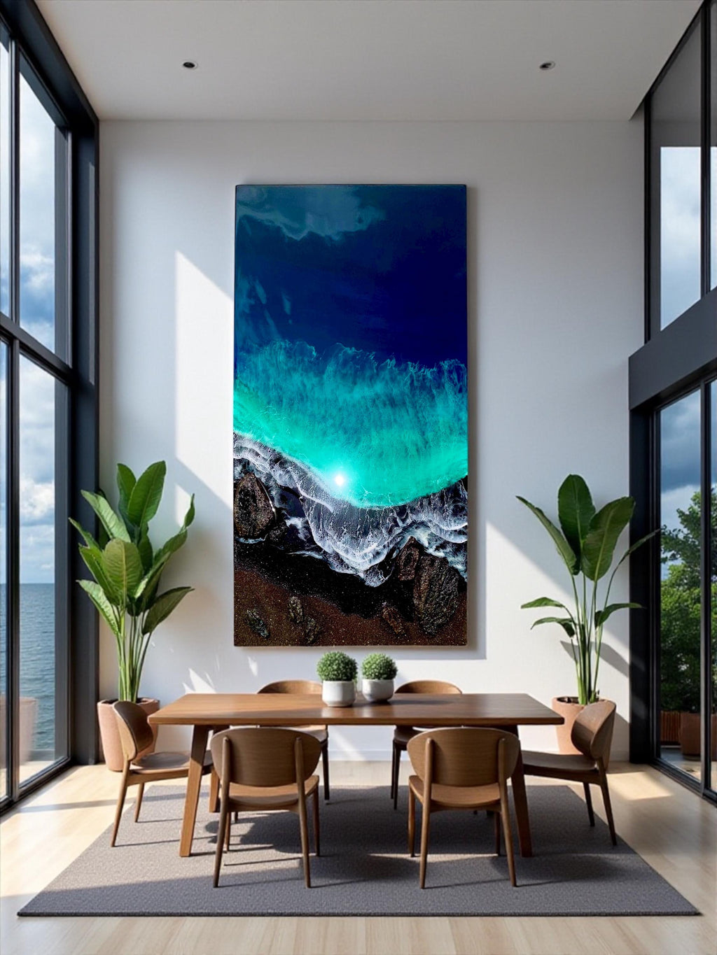 Medium Black Sand Ocean Resin Art – Dramatic Wave Wall Art – Modern Coastal Painting – Textured Epoxy Ocean Artwork – Large Statement Art