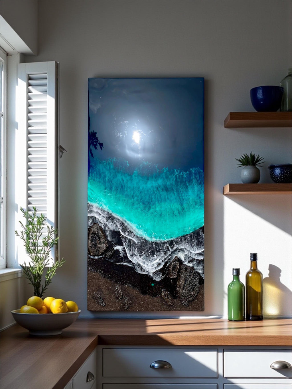 Medium Black Sand Ocean Resin Art – Dramatic Wave Wall Art – Modern Coastal Painting – Textured Epoxy Ocean Artwork – Large Statement Art