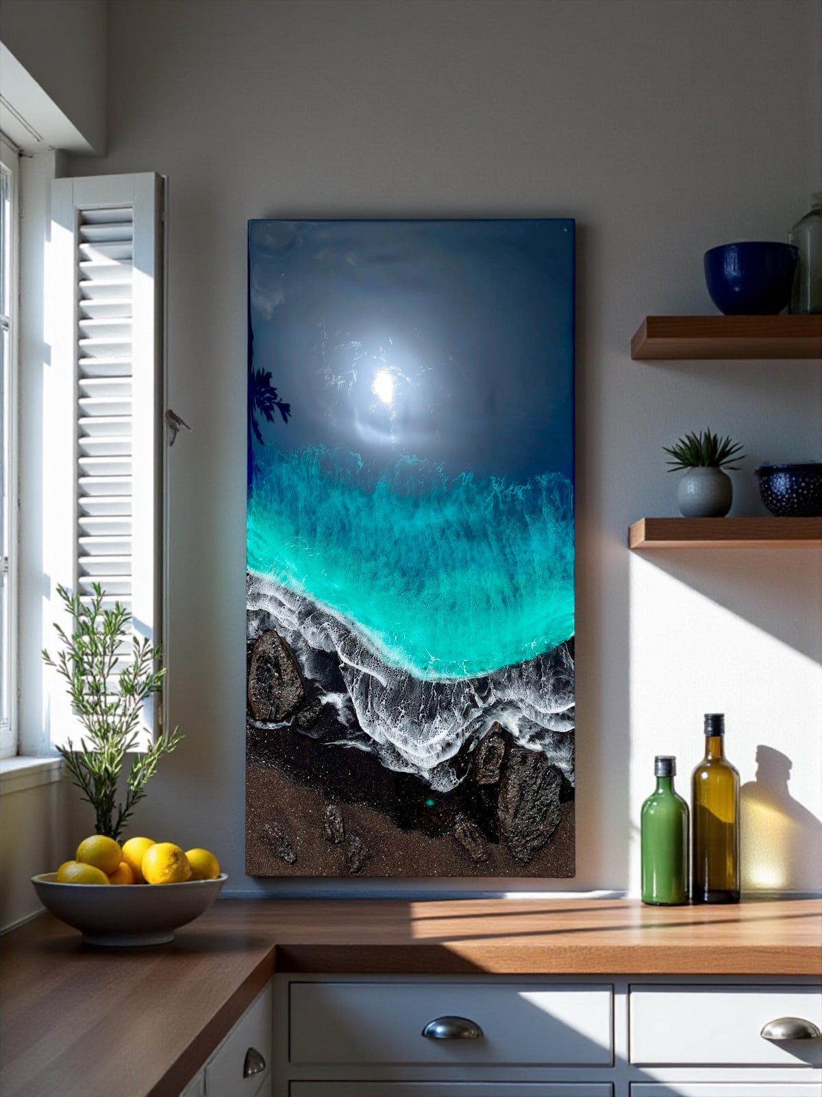 Large Black Sand Ocean Resin Art – Dramatic Wave Wall Art – Modern Coastal Painting – Textured Epoxy Ocean Artwork – Large Statement Art