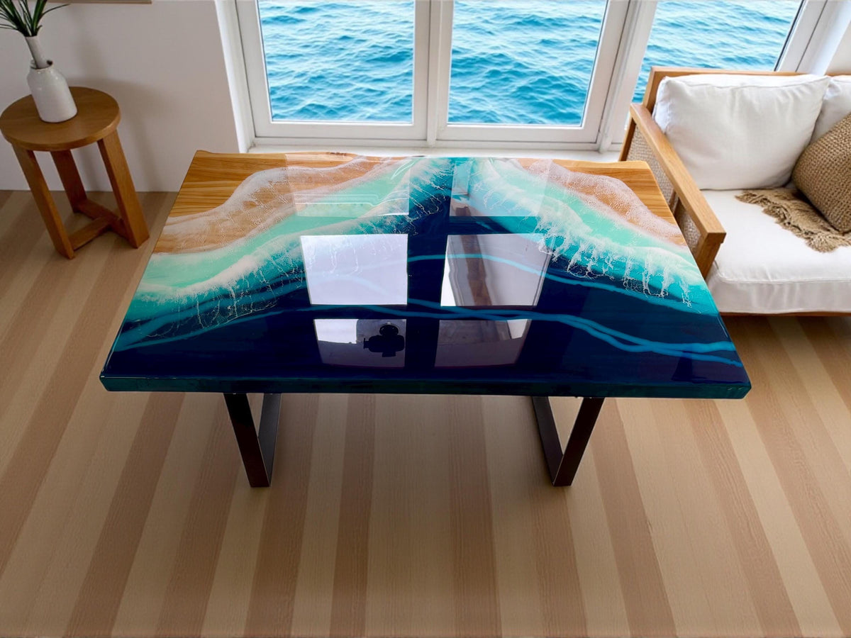 Large Epoxy Resin Ocean Coffee Table – Bespoke Coastal Art Furniture (120 cm)
