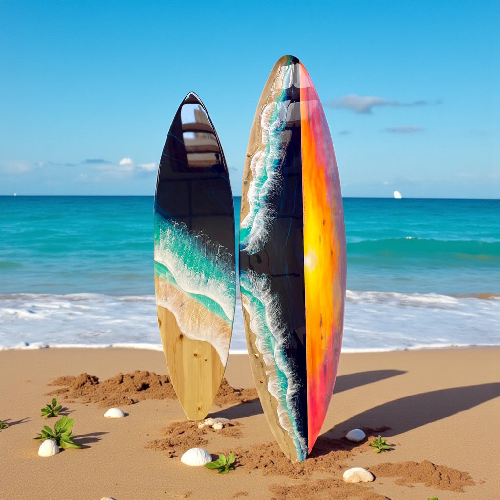 Luxury Resin Surfboard Wall Art – Sunset Ocean Statement Piece – Handmade Coastal Art Decor – Large Surfboard Wall Sculpture – Beach House
