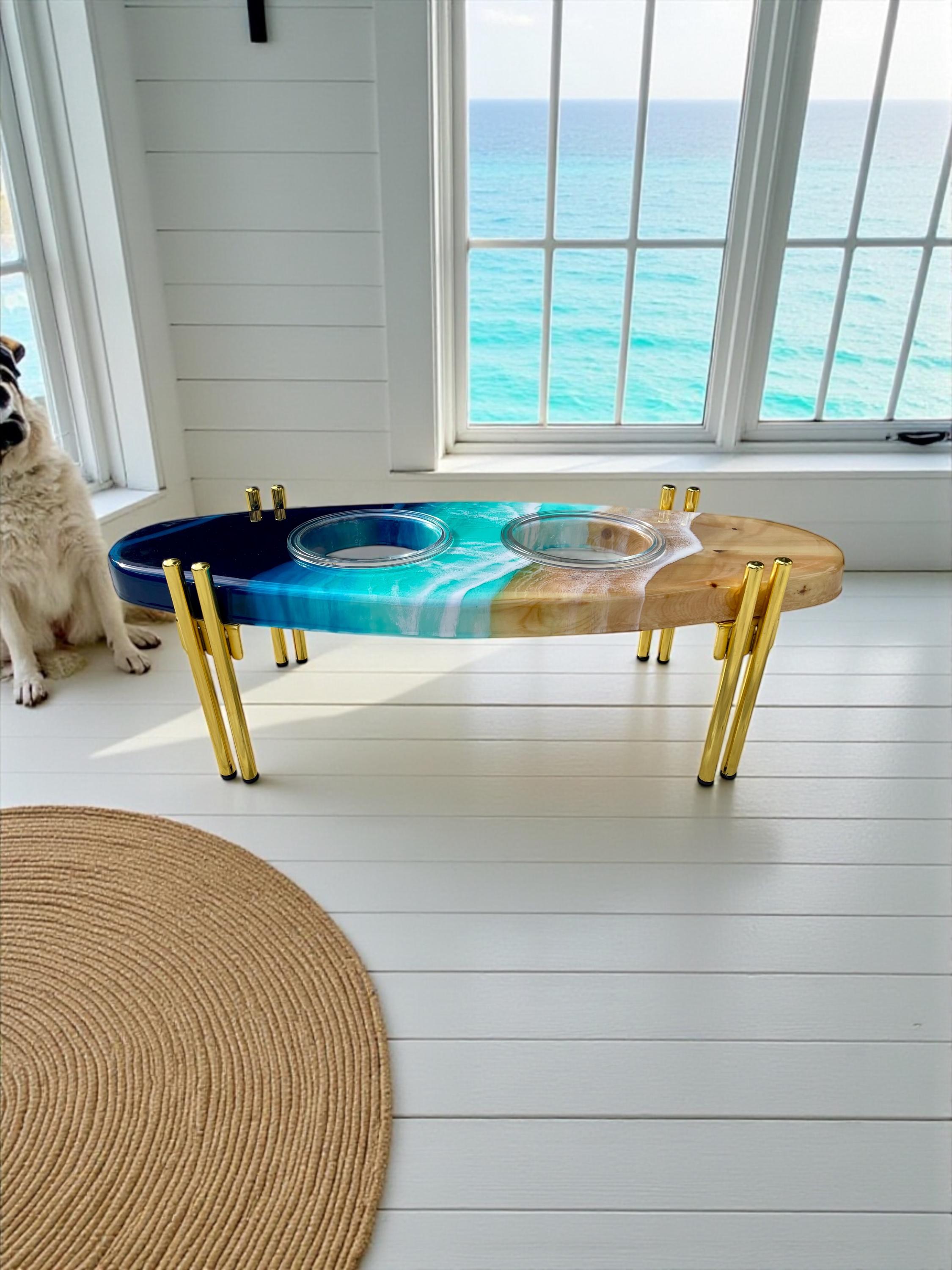 Handmade Surfboard Dog Feeder | Ocean Wave Resin Art, Coastal Pet Bowl Stand
