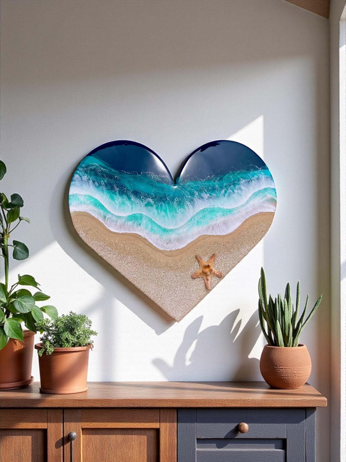 Heart Resin Ocean Art – Coastal Heart Wall Decor – Epoxy Wave Painting – Beach Lovers Gift – Ocean Heart Resin Artwork – Romantic Sea Gift
