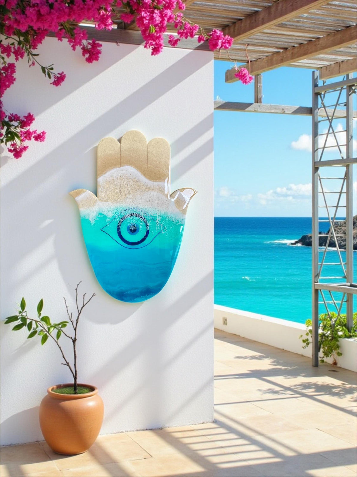 Ocean Hamsa Hand Wall Art – Resin Evil Eye Protection Decor • 50cm Coastal Spiritual Wall Sculpture • Beach House Gift • Handmade in Spain