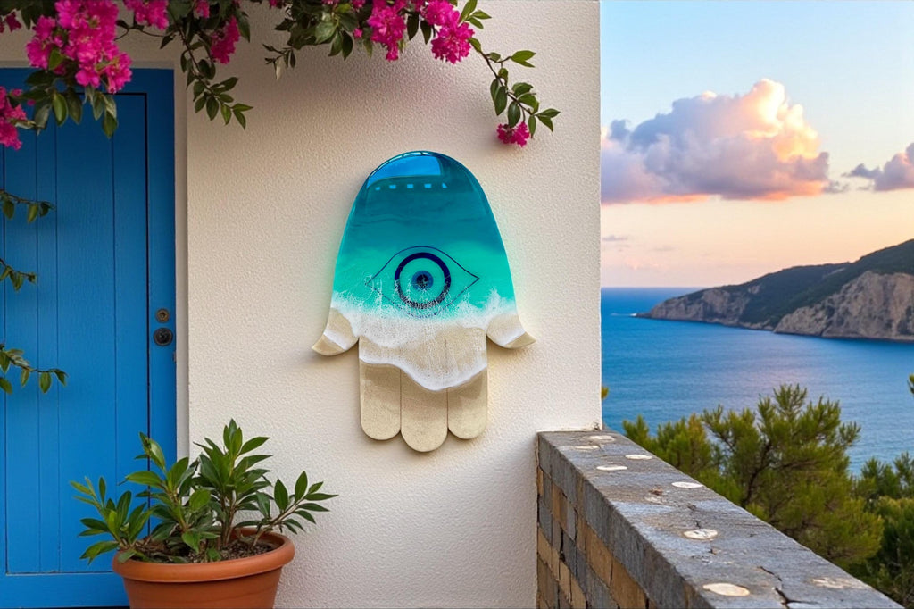 Ocean Hamsa Hand Wall Art – Resin Evil Eye Protection Decor • 50cm Coastal Spiritual Wall Sculpture • Beach House Gift • Handmade in Spain