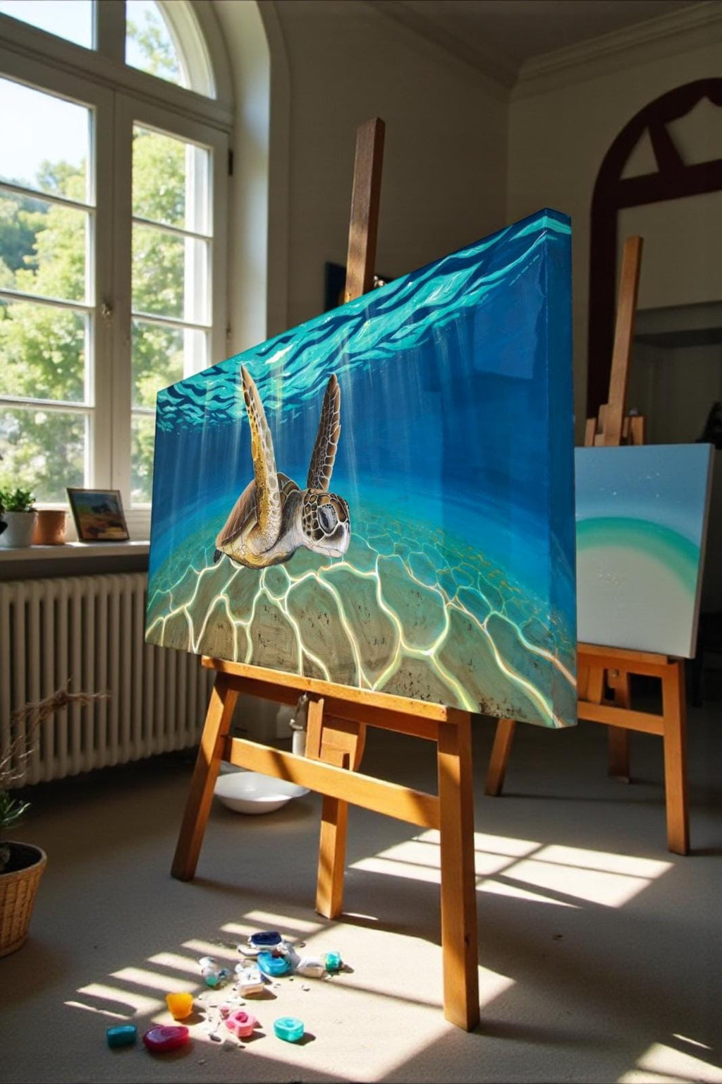 Ready to Ship Original Ocean Artwork, Resin Ocean Turtle Art: Handmade Underwater Sea Turtle Painting on Wood (120x60 cm)