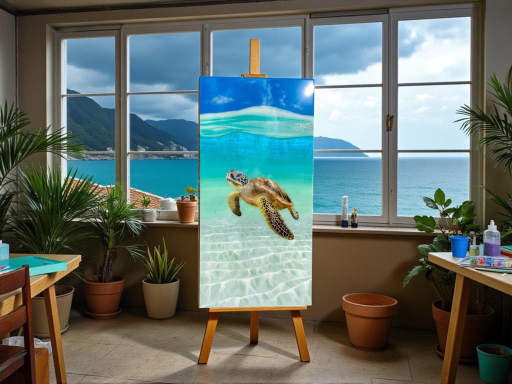 Large Sea Turtle Resin Painting: Coastal Ocean Art with Rope Frame (120x60cm), Ready to Ship