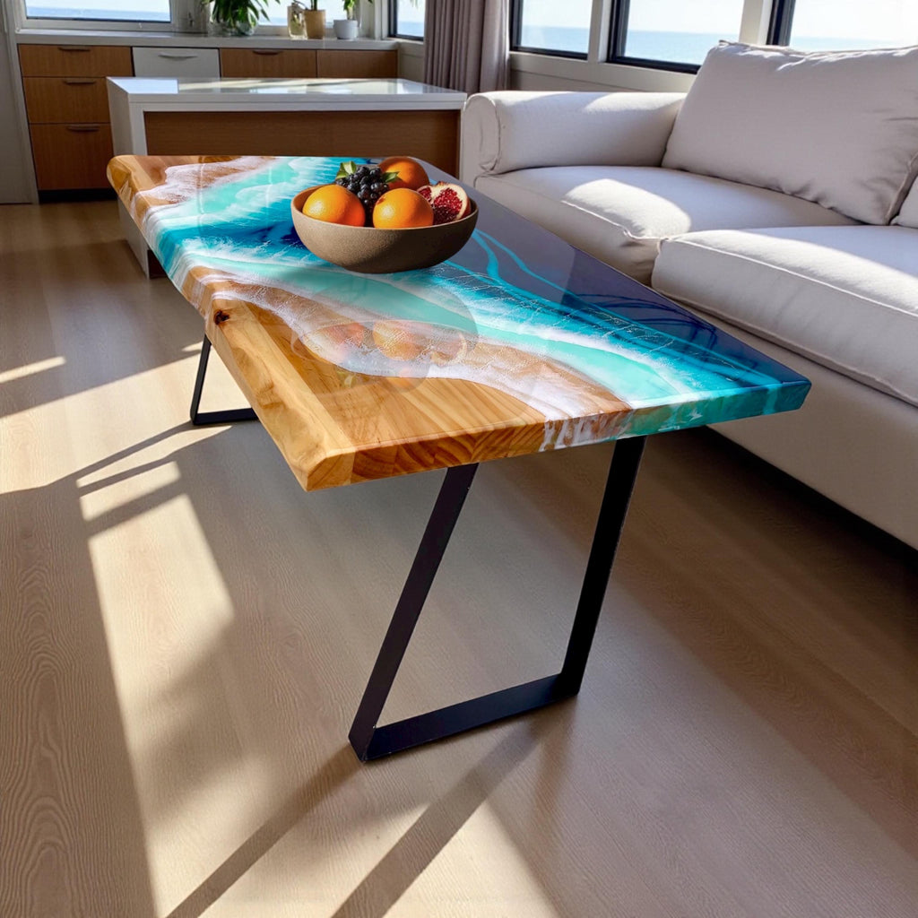 Epoxy Resin Ocean Coffee Table – Handcrafted Coastal Art Furniture (80–100 cm)