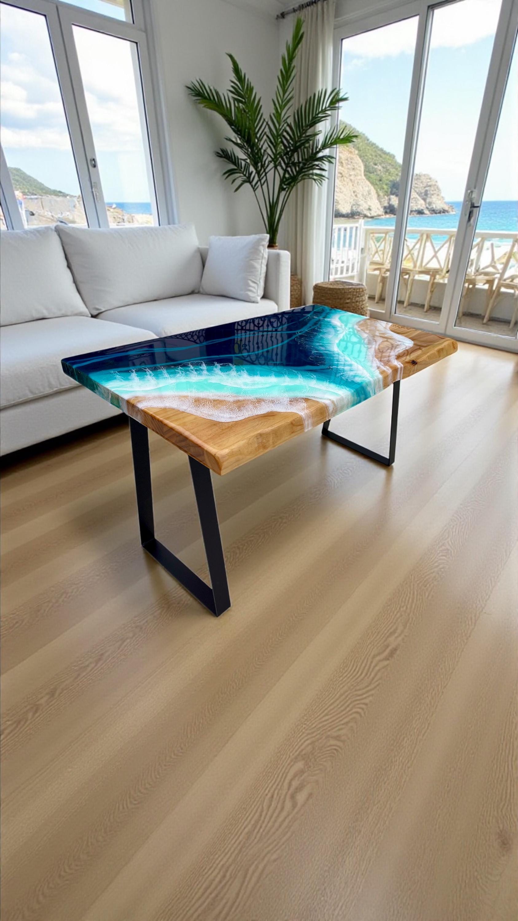 Epoxy Resin Ocean Coffee Table – Handcrafted Coastal Art Furniture (80–100 cm)