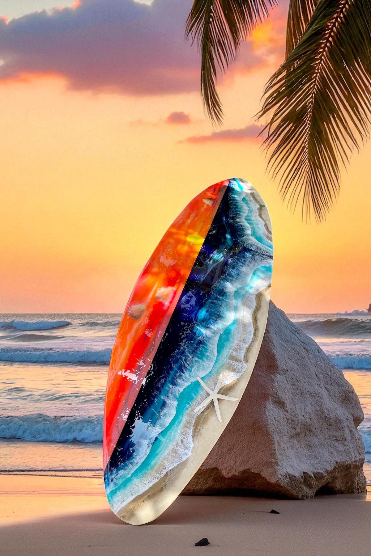 Luxury Resin Surfboard Wall Art – Sunset Ocean Statement Piece – Handmade Coastal Art Decor – Large Surfboard Wall Sculpture – Beach House