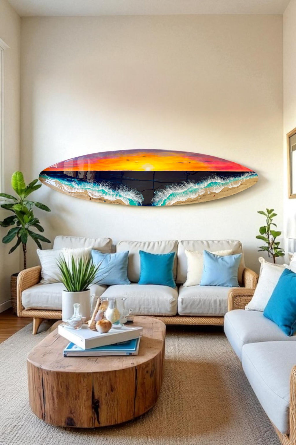 Luxury Resin Surfboard Wall Art – Sunset Ocean Statement Piece – Handmade Coastal Art Decor – Large Surfboard Wall Sculpture – Beach House