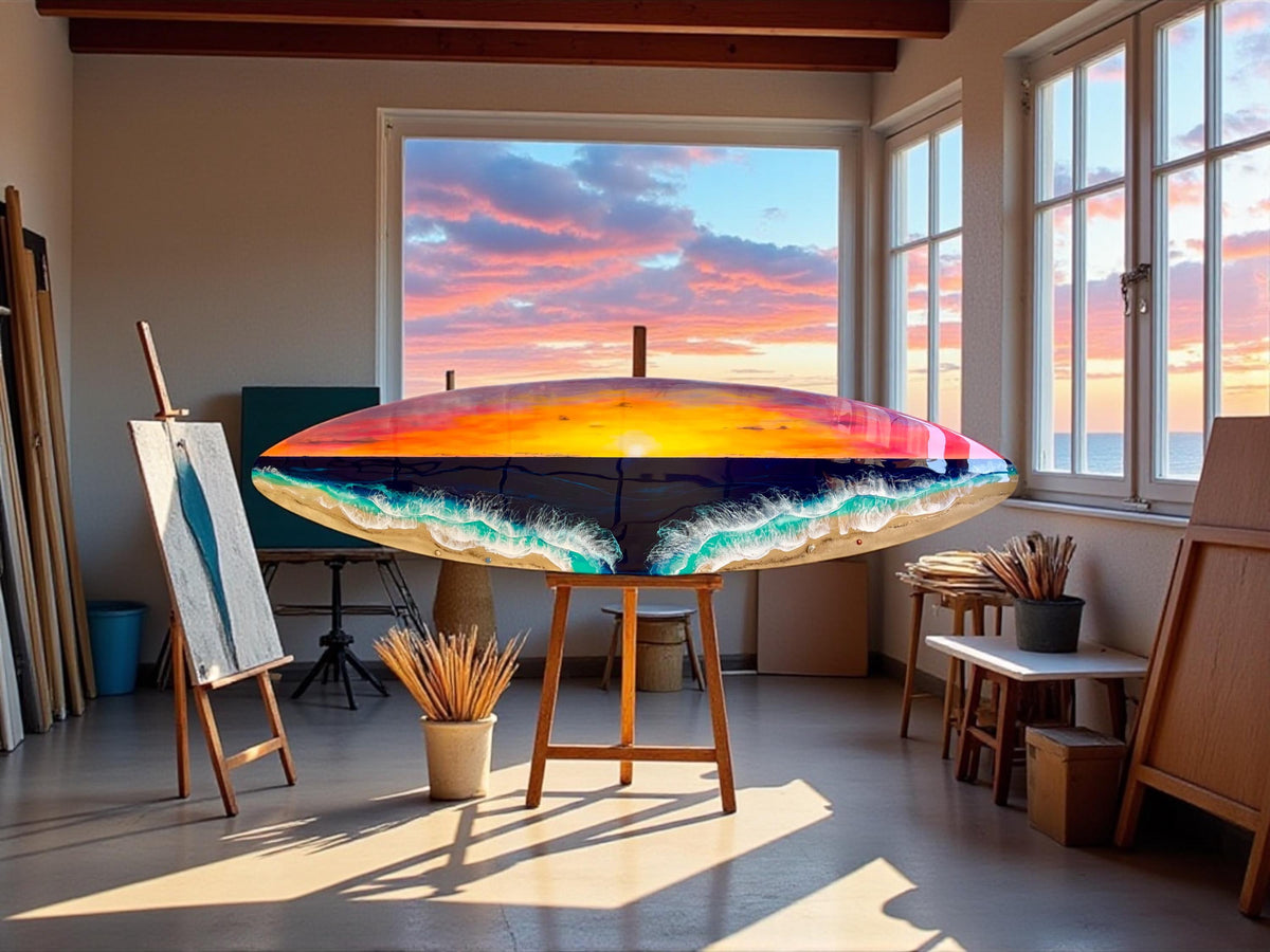 Resin Surfboard Wall Art – Sunset Ocean Decor – Handmade Coastal Wall Hanging – Beach House Art – Small Surfboard Resin Artwork