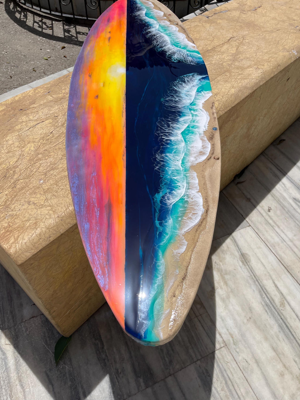 Resin Surfboard Wall Art – Sunset Ocean Decor – Handmade Coastal Wall Hanging – Beach House Art – Small Surfboard Resin Artwork