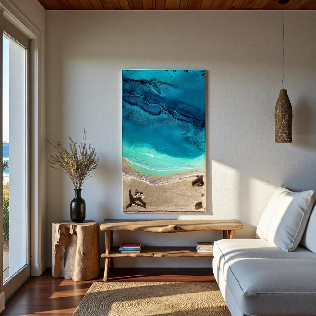 Ready to Ship Original Ocean Artwork, Ocean Veins – 80×50cm Resin Ocean Painting | Mixed Media Coastal Wall Art | Framed in Aluminium