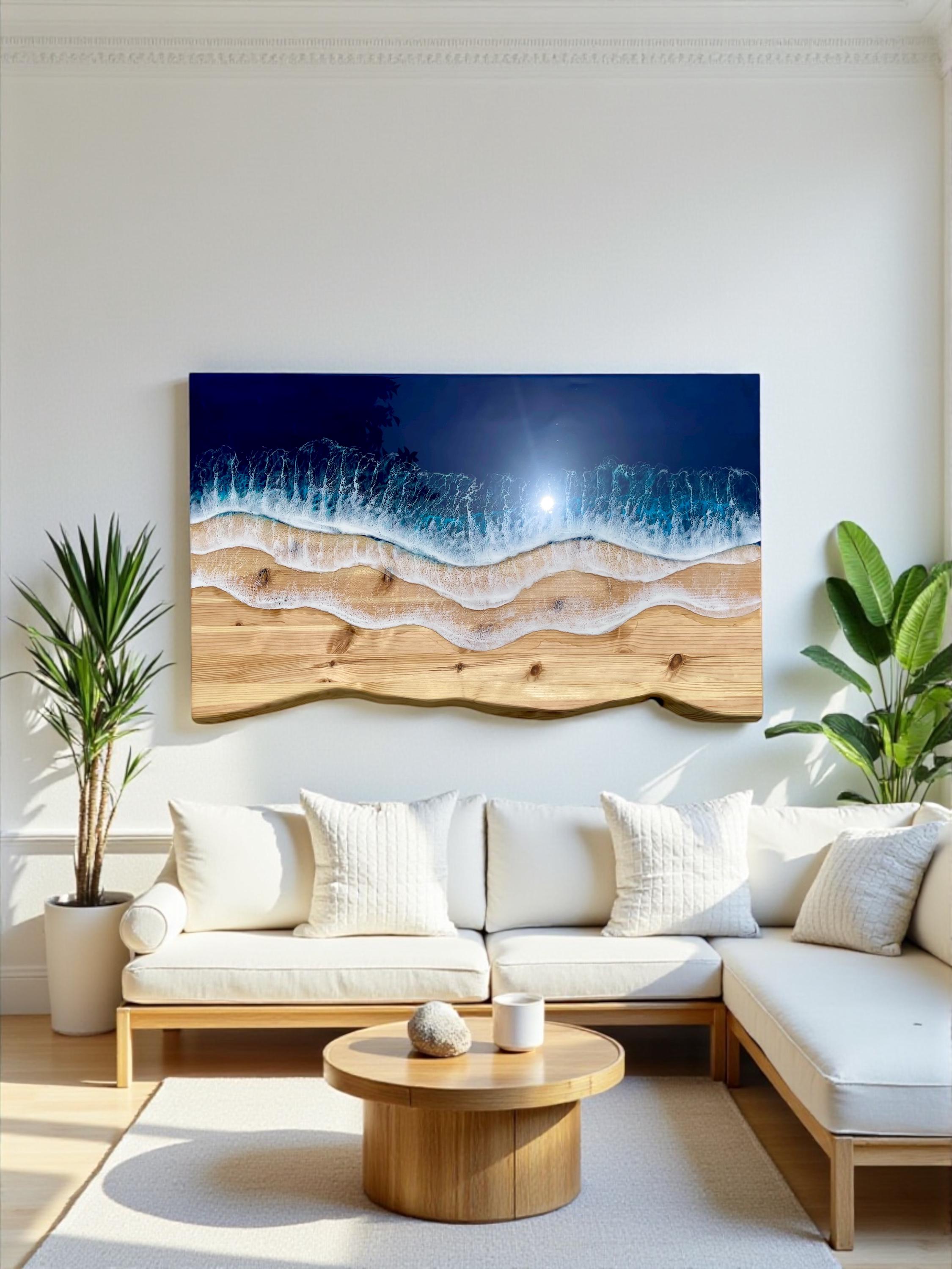 Ocean Resin Wall Art: Live Edge Pine Wood, Deep Blue Waves