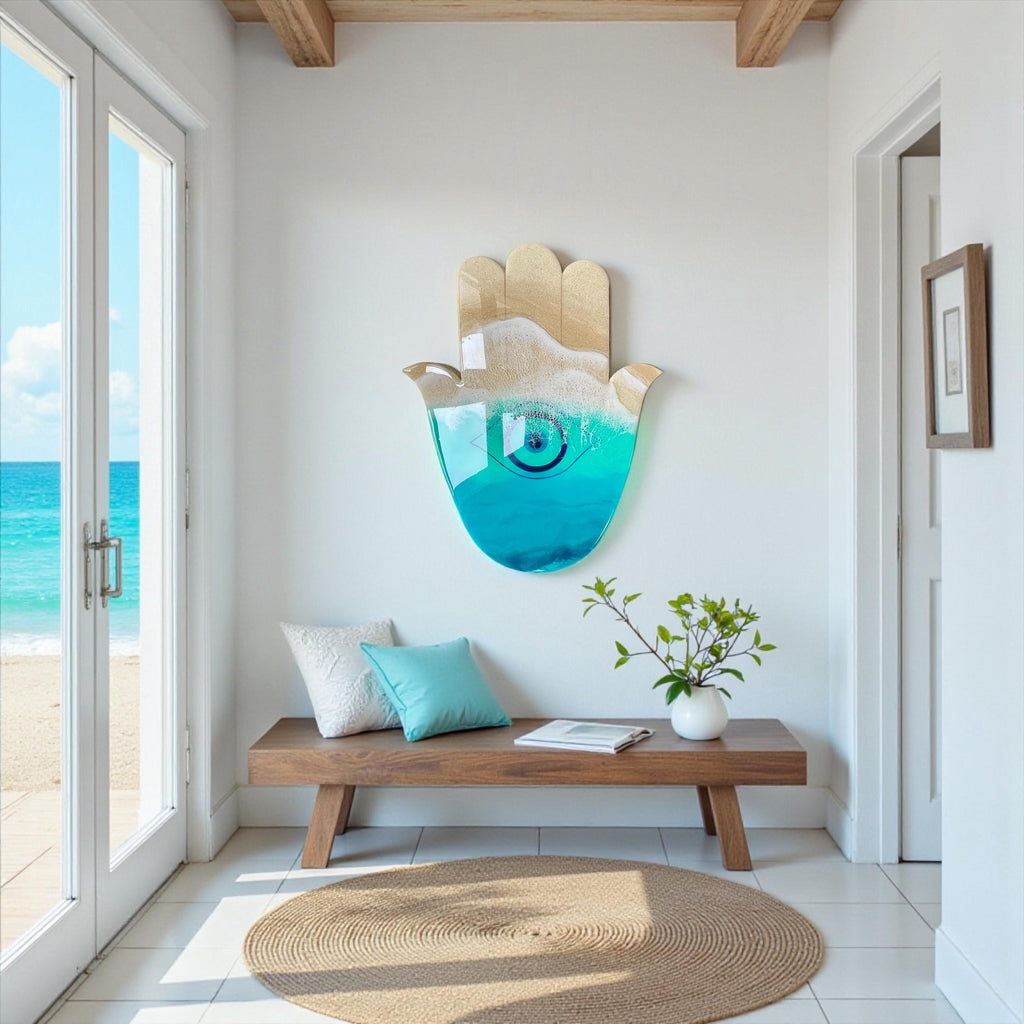 Ocean Hamsa Hand Wall Art – Resin Evil Eye Protection Decor • 50cm Coastal Spiritual Wall Sculpture • Beach House Gift • Handmade in Spain