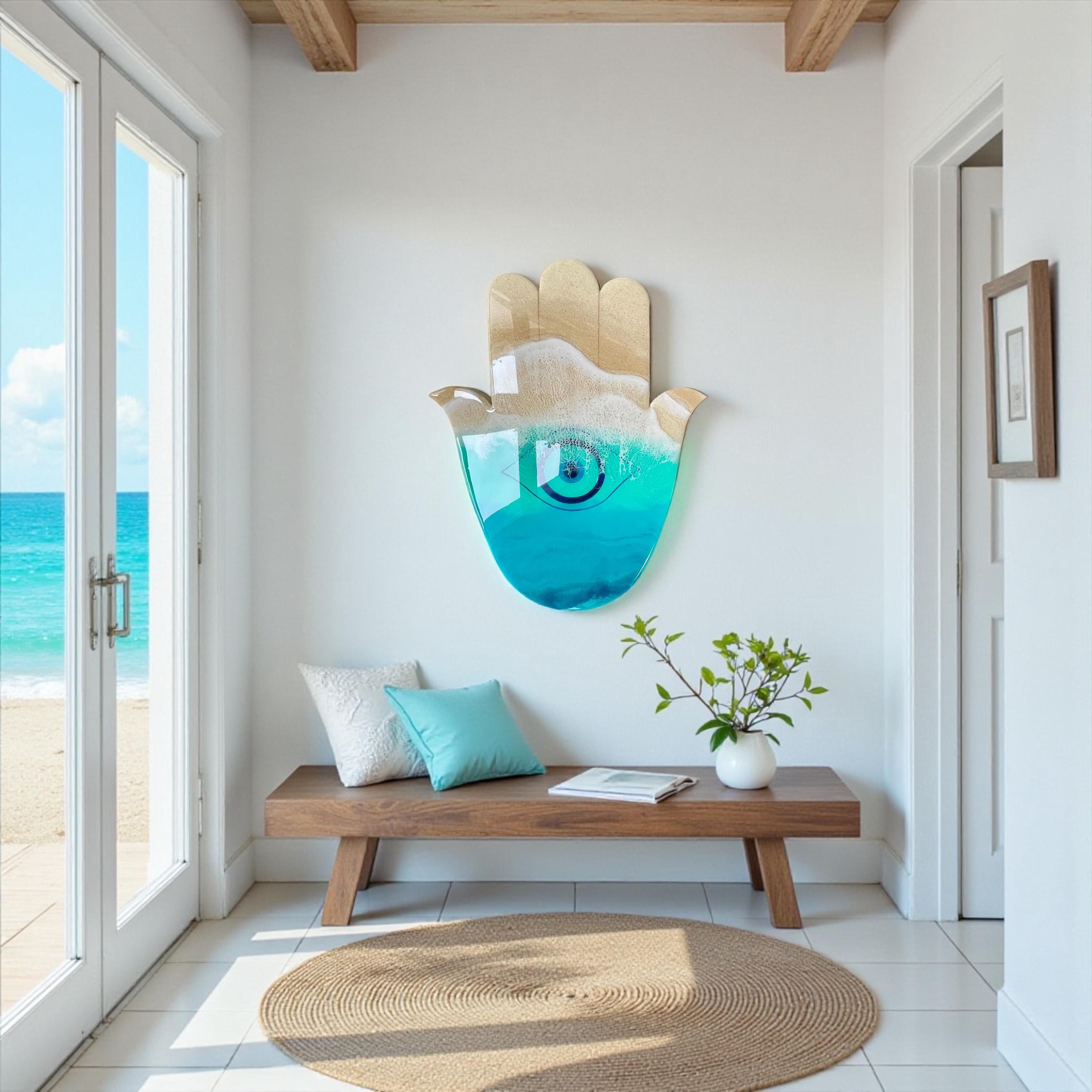 Ocean Hamsa Hand Wall Art – Resin Evil Eye Protection Decor • 50cm Coastal Spiritual Wall Sculpture • Beach House Gift • Handmade in Spain