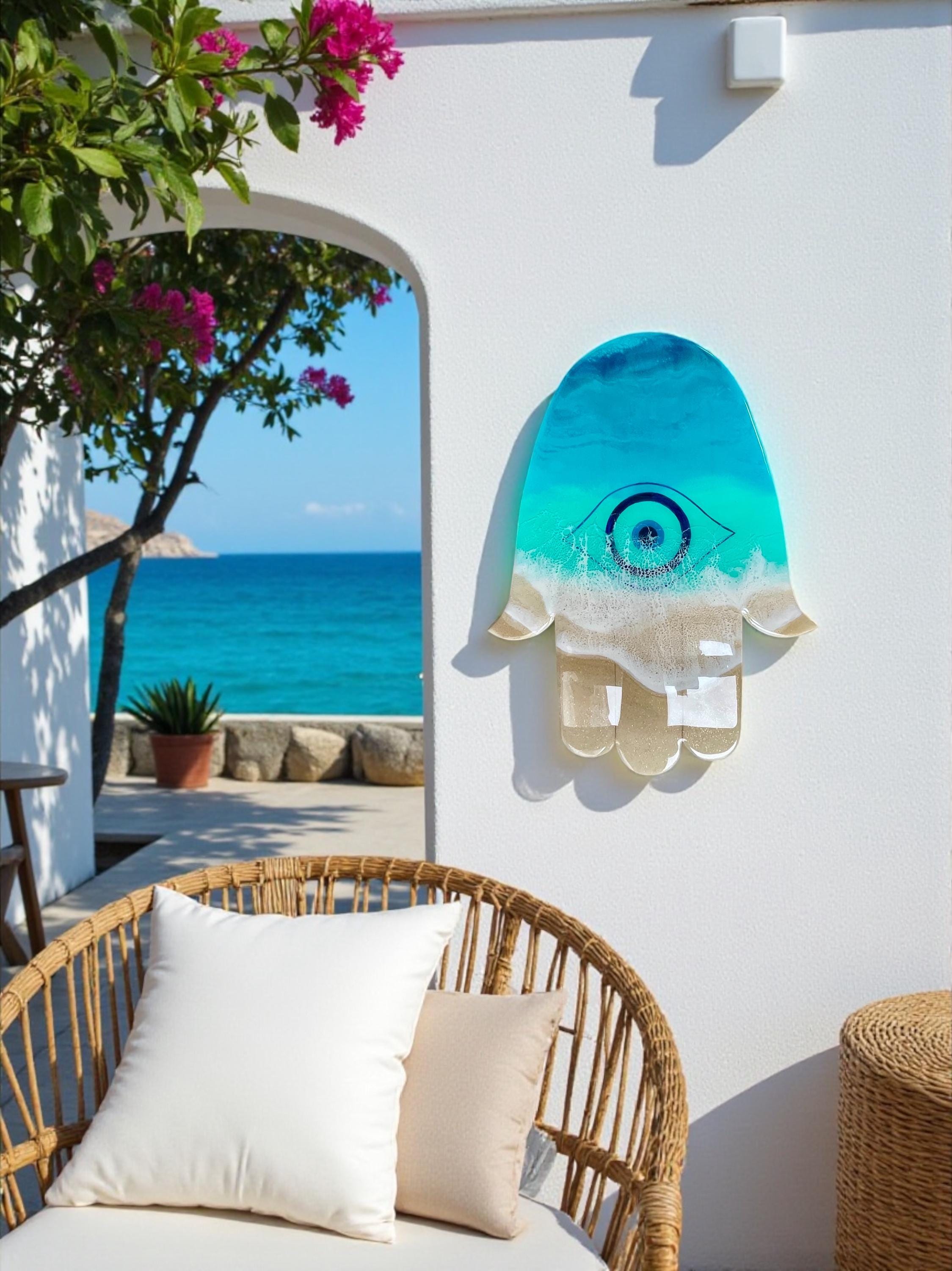 Ocean Hamsa Hand Wall Art – Resin Evil Eye Protection Decor • 50cm Coastal Spiritual Wall Sculpture • Beach House Gift • Handmade in Spain