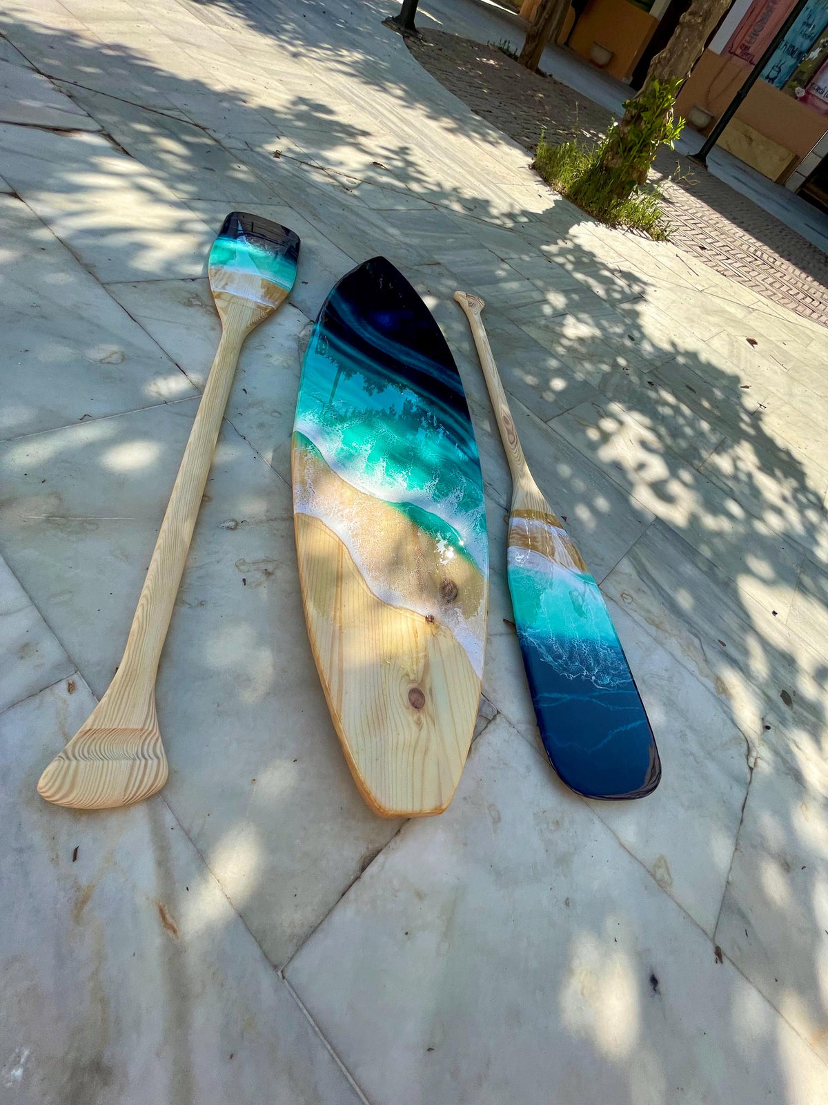Resin Ocean Surfboard & Oars Wall Art Set • Coastal Home Decor • Handmade Wave Art • 90cm / 120cm Surfboard with Matching Paddles