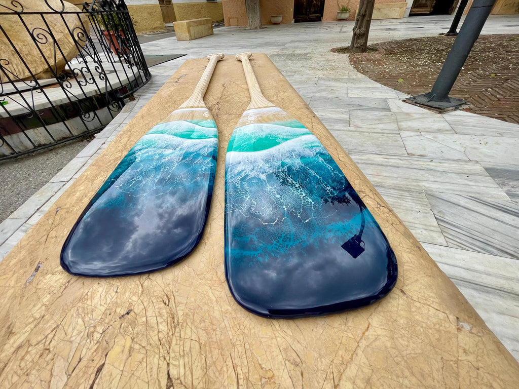 Resin Ocean Surfboard & Oars Wall Art Set • Coastal Home Decor • Handmade Wave Art • 90cm / 120cm Surfboard with Matching Paddles