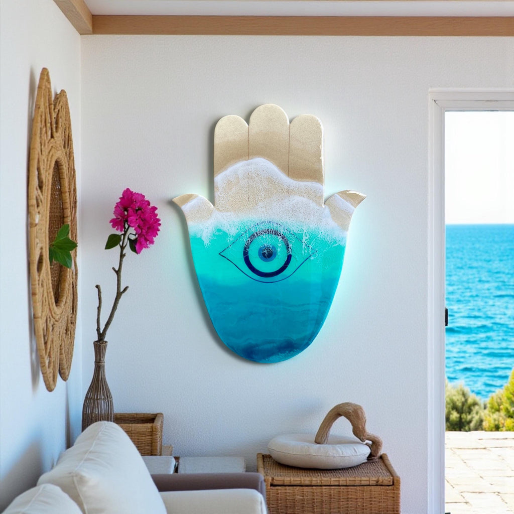 Ocean Hamsa Hand Wall Art – Resin Evil Eye Protection Decor • 50cm Coastal Spiritual Wall Sculpture • Beach House Gift • Handmade in Spain