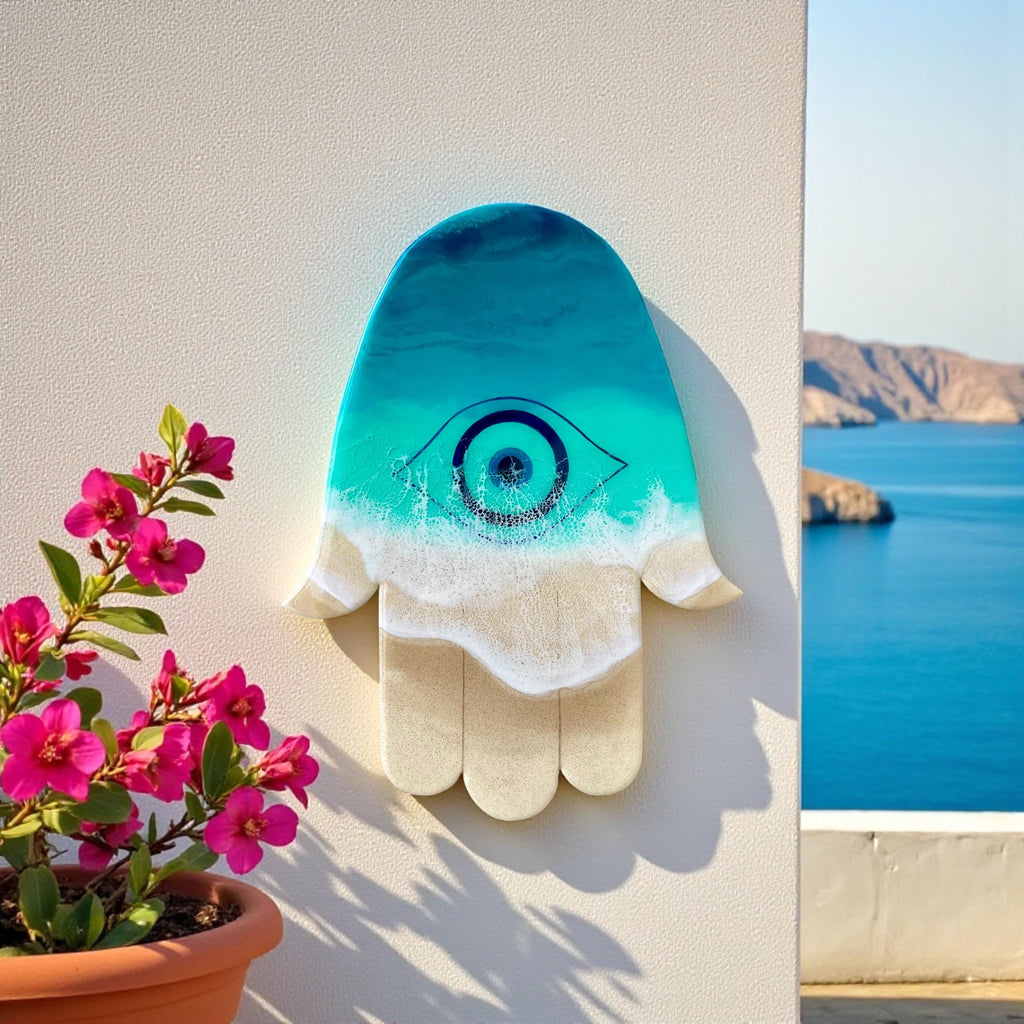 Ocean Hamsa Hand Wall Art – Resin Evil Eye Protection Decor • 50cm Coastal Spiritual Wall Sculpture • Beach House Gift • Handmade in Spain