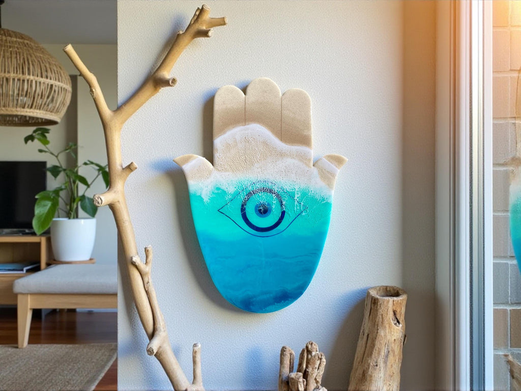 Ocean Hamsa Hand Wall Art – Resin Evil Eye Protection Decor • 50cm Coastal Spiritual Wall Sculpture • Beach House Gift • Handmade in Spain