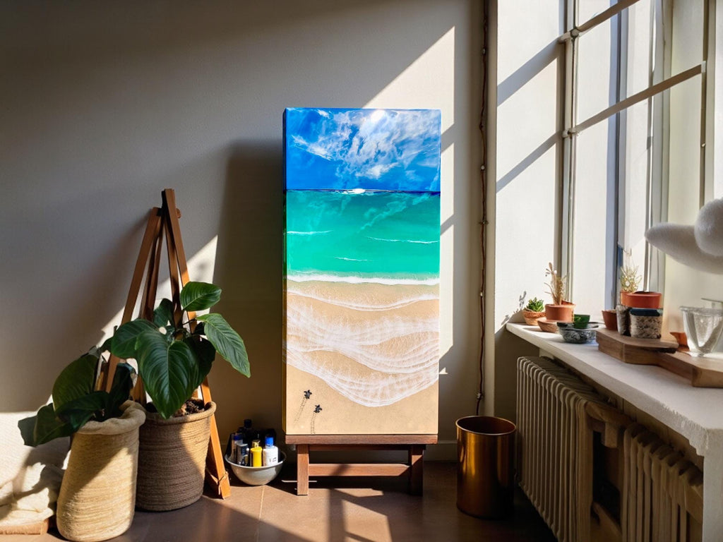 Ready to Ship Original Ocean Artwork, Sea Turtle Hatchlings Resin Painting: Coastal Ocean Art (120x60cm)