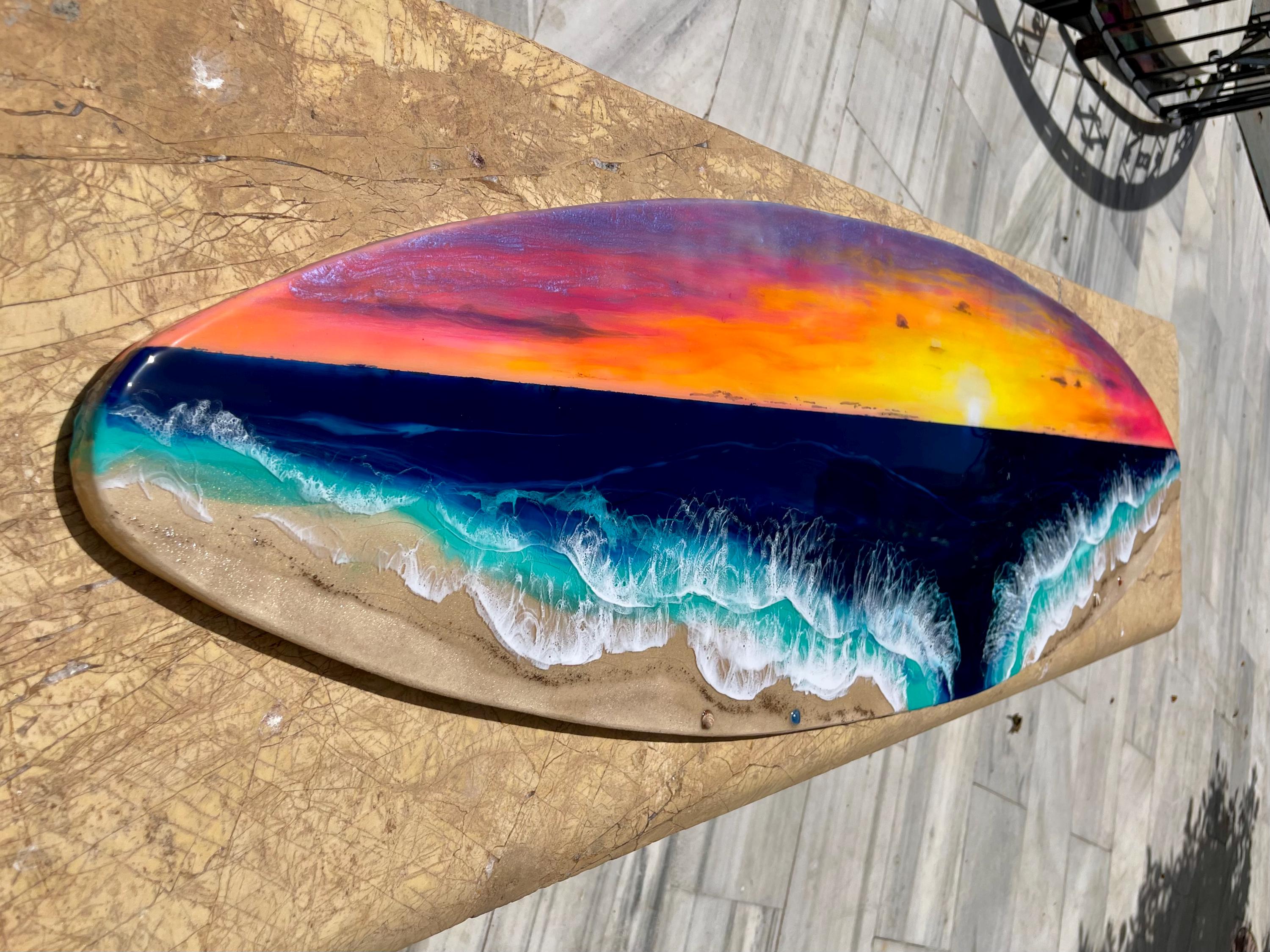 Resin Surfboard Wall Art – Sunset Ocean Decor – Handmade Coastal Wall Hanging – Beach House Art – Small Surfboard Resin Artwork