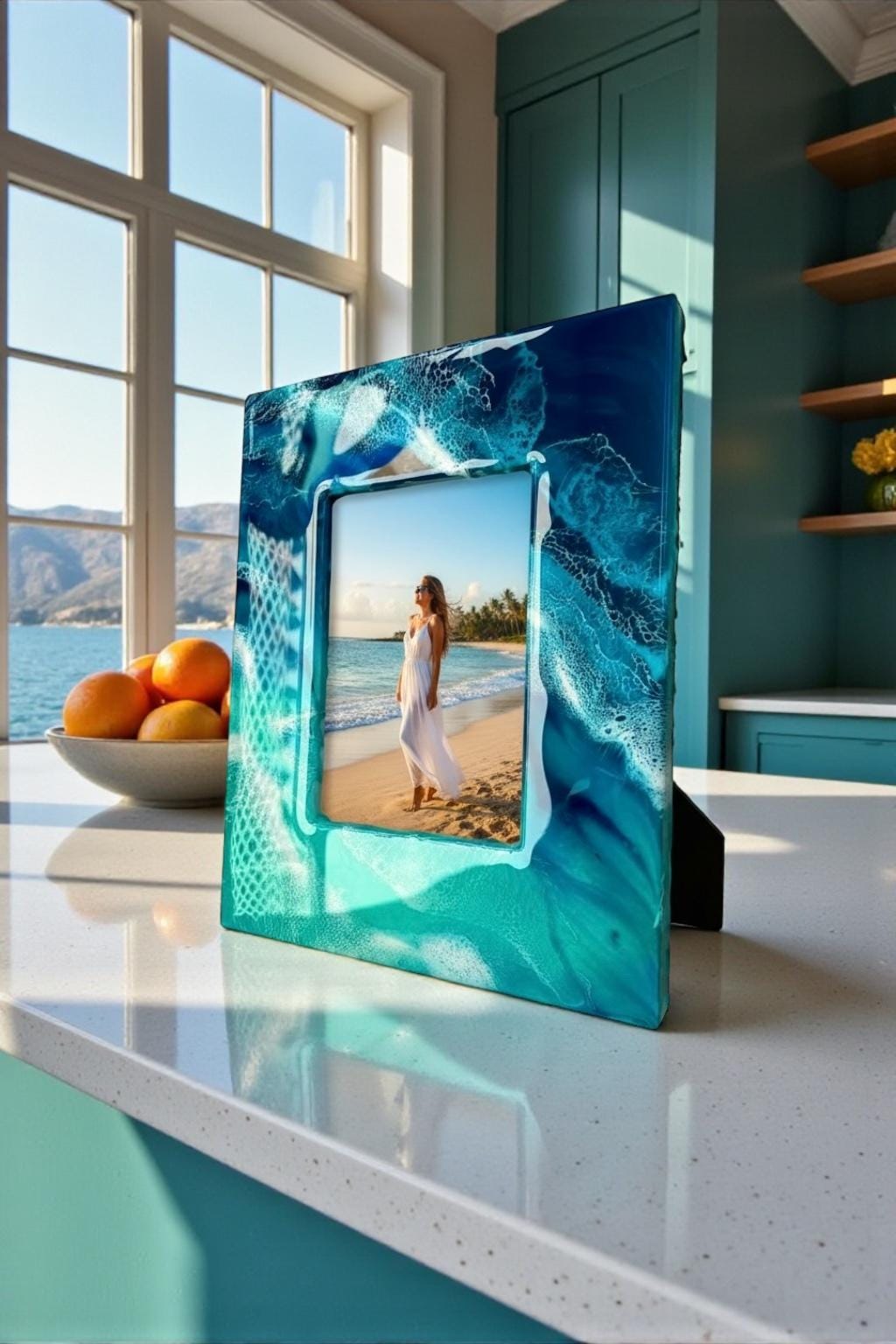 Ocean Resin Photo Frame | Coastal Picture Frame | Turquoise & Deep Blue Waves | Handmade Beach House Decor | Nautical Gift | Modern Coastal