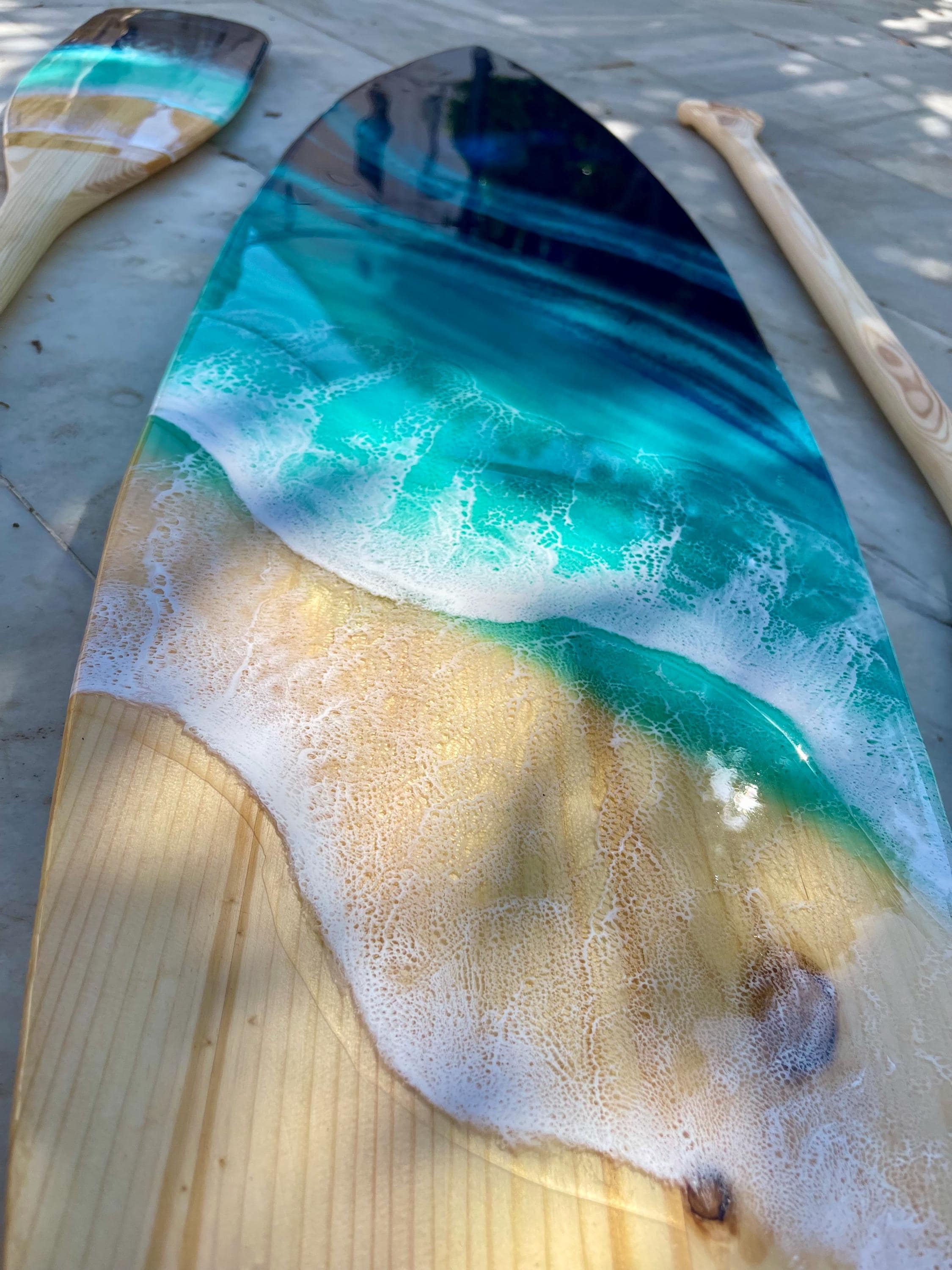 Resin Ocean Surfboard & Oars Wall Art Set • Coastal Home Decor • Handmade Wave Art • 90cm / 120cm Surfboard with Matching Paddles