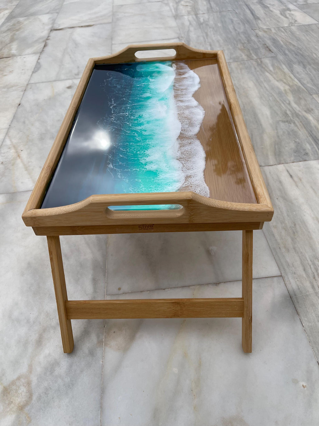 Bamboo Bed Tray with Resin Ocean Waves | Handmade Coastal Serving Tray | Foldable Breakfast Tray | Resin Art Home Decor 53 cm