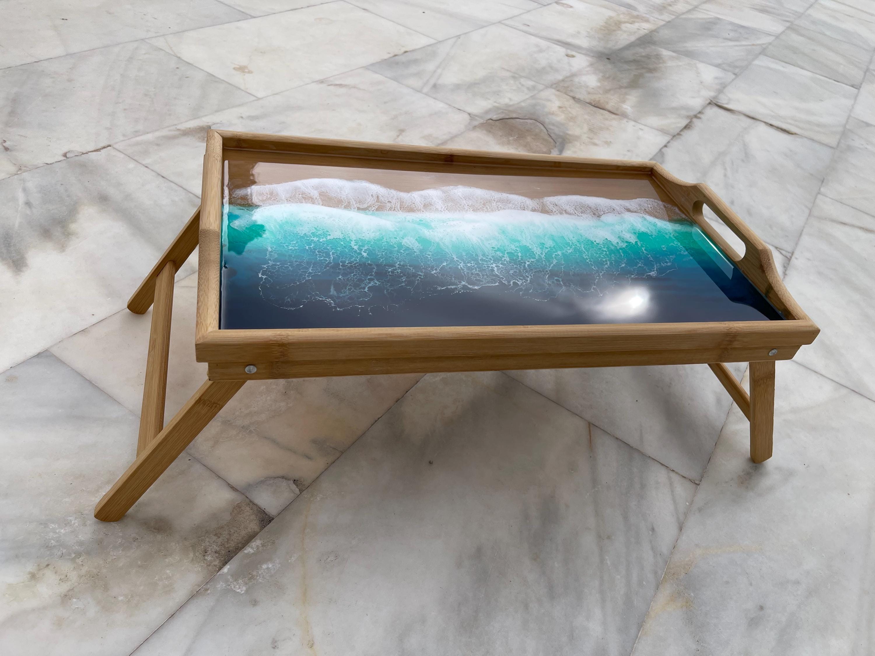 Bamboo Bed Tray with Resin Ocean Waves | Handmade Coastal Serving Tray | Foldable Breakfast Tray | Resin Art Home Decor 53 cm