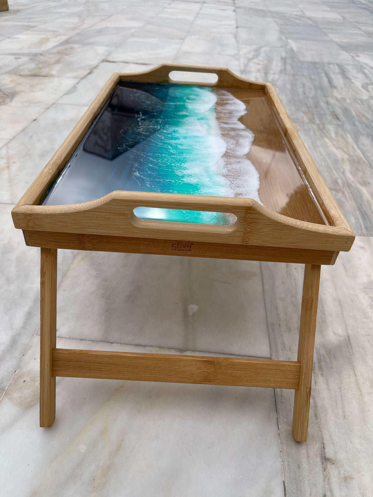 Bamboo Bed Tray with Resin Ocean Waves | Handmade Coastal Serving Tray | Foldable Breakfast Tray | Resin Art Home Decor 53 cm