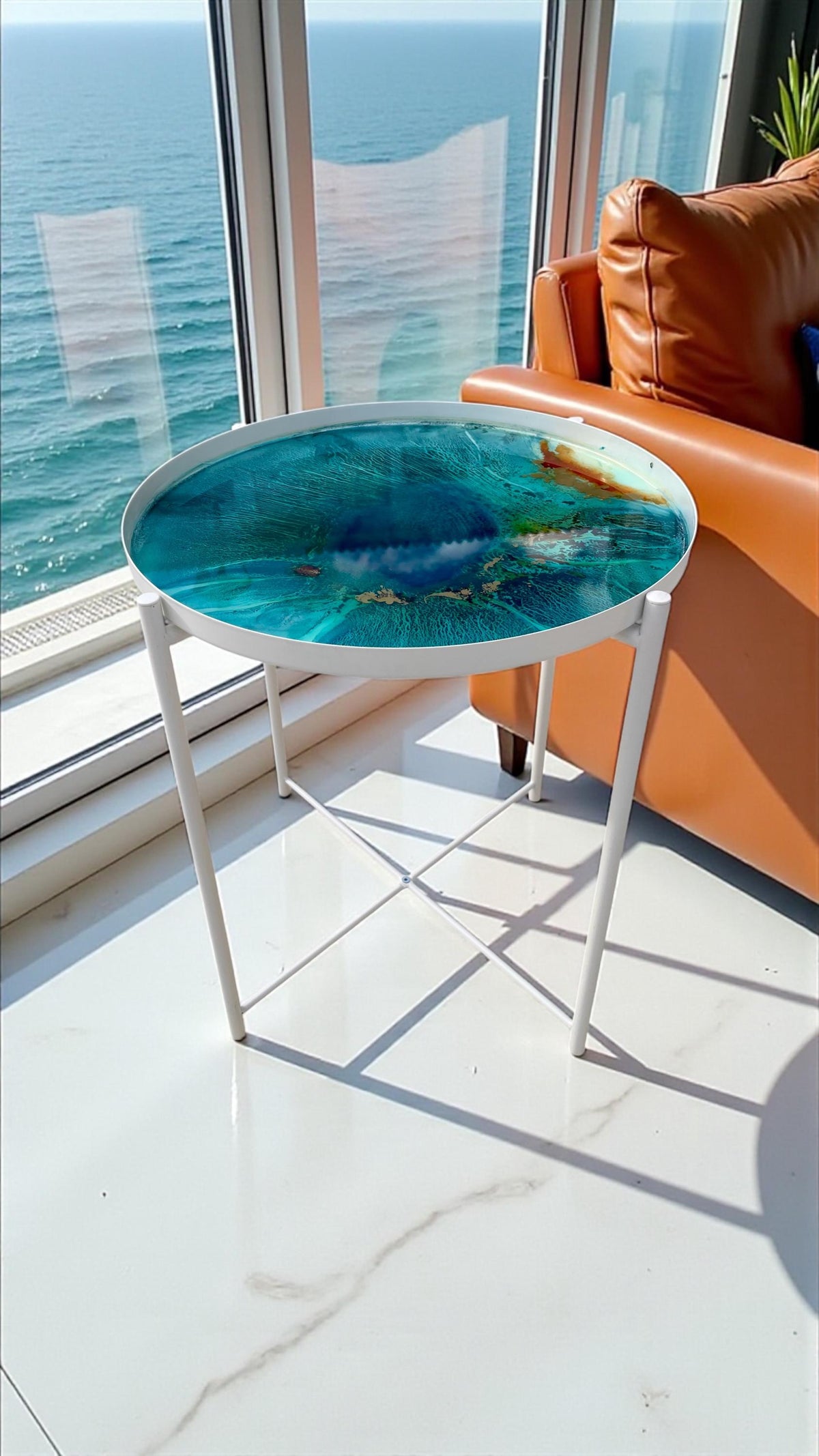 Reef Windows No. 1 – Convertible Resin Art Side Table & Tray | Ocean-Inspired Functional Art Furniture