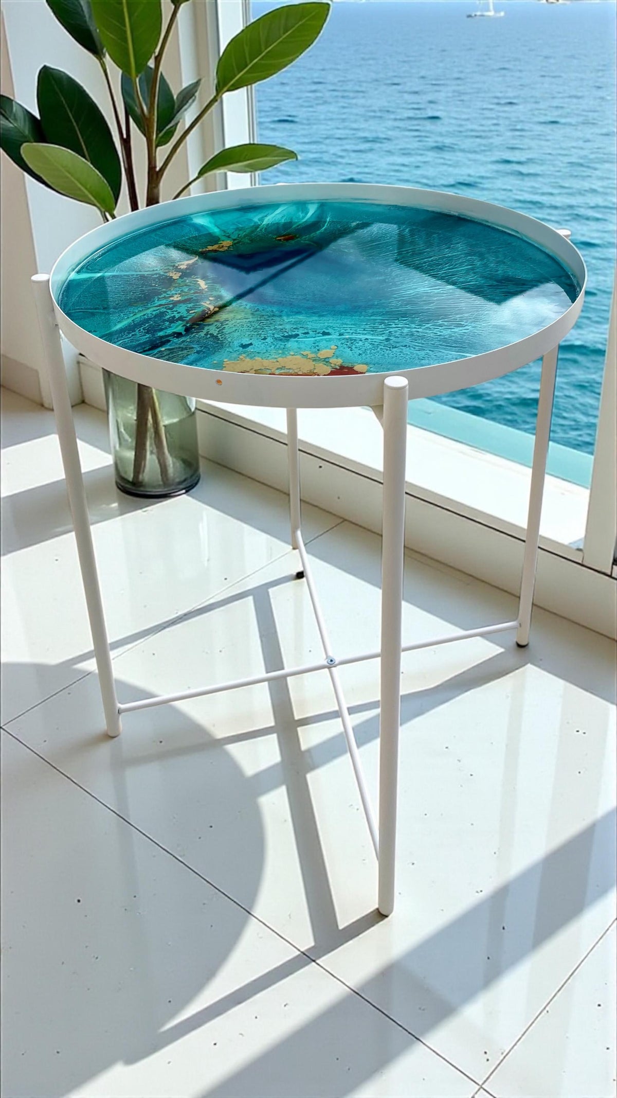 Reef Windows No. 1 – Convertible Resin Art Side Table & Tray | Ocean-Inspired Functional Art Furniture